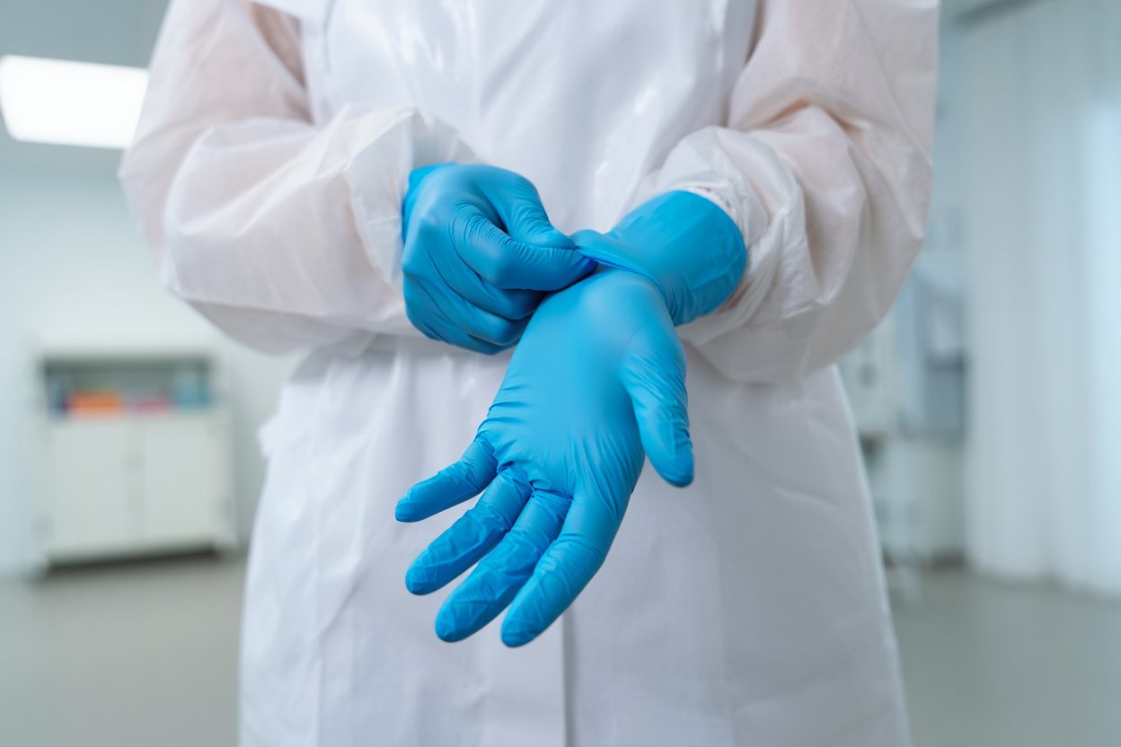 Врач натягивает синие перчатки