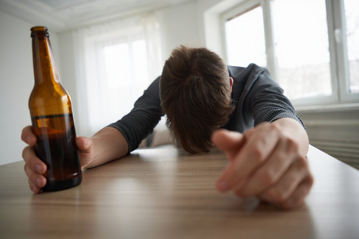 Пьяный подросток в бутылкой в руке